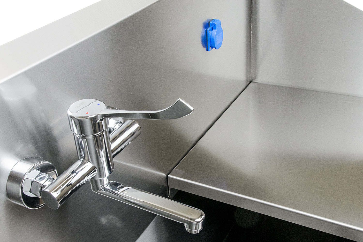 personal hygiene Stainless steel hand washing sink custom build small worktop splash walls and a waterproof plug socket Boons FIS