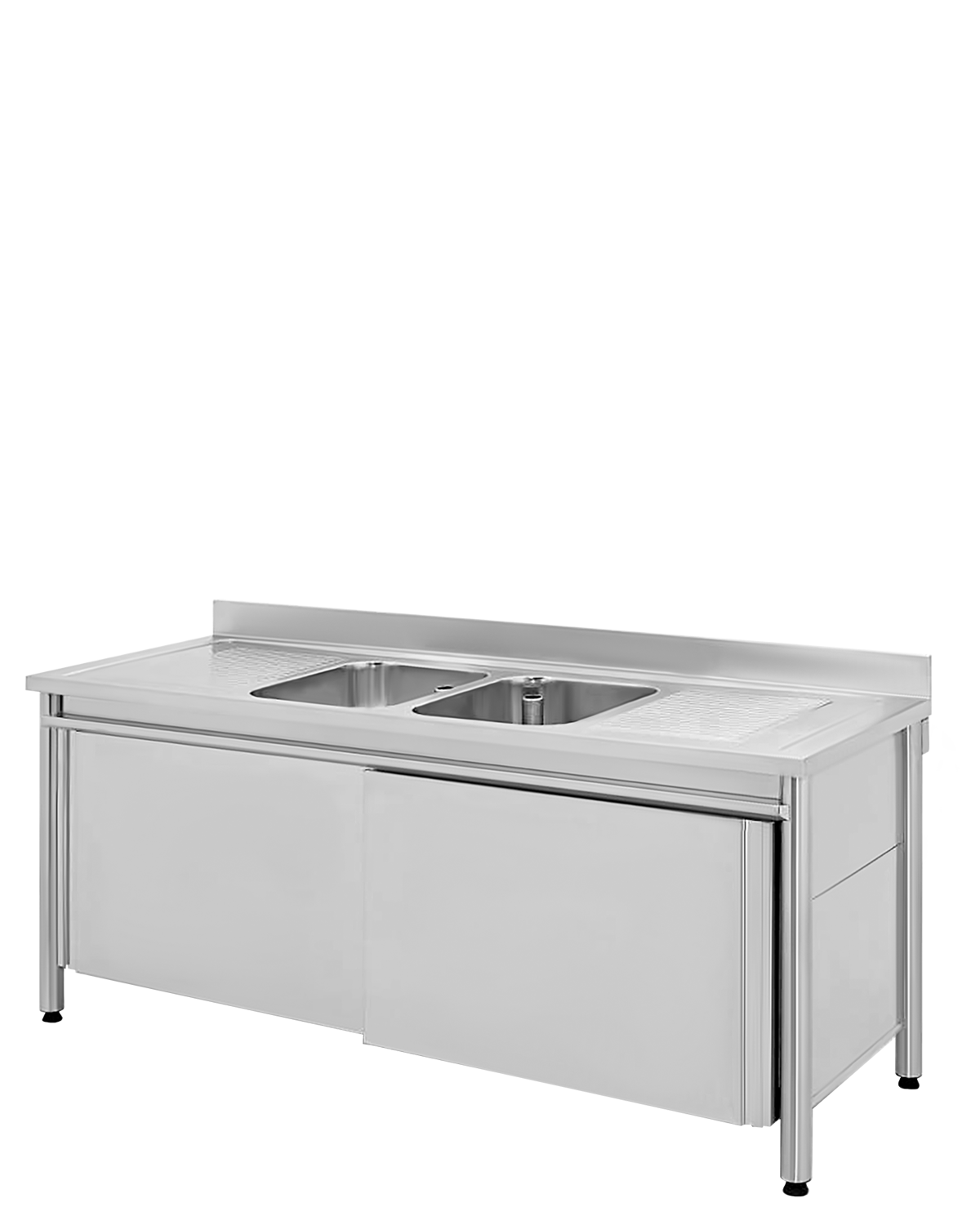 RVS bedrijfsinrichting spoeltafels met 1 of 2 wasbakken en afdruiprekken verschillende modellen met legplanken en onderbouwkasten met deurtjes